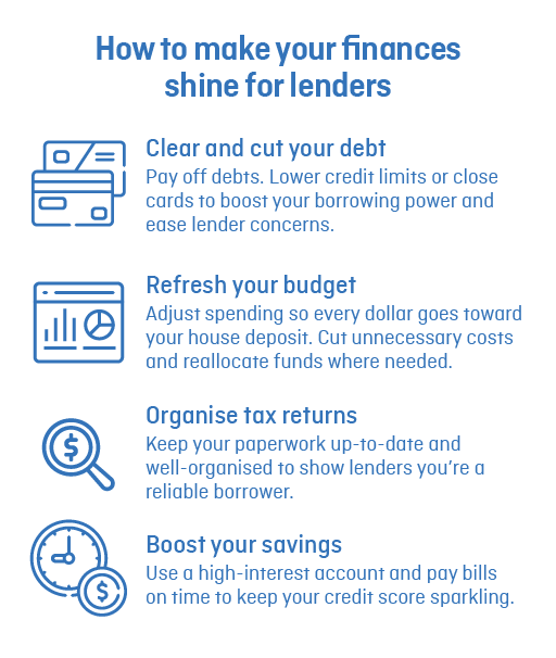 Infographic titled "How to make your finances shine for lenders" with advice from MyBudget. Tips include: clearing and cutting debt, refreshing your budget to save for a house deposit, organizing tax returns, and boosting savings with a high-interest account and timely bill payments. Contact information for MyBudget is also provided.