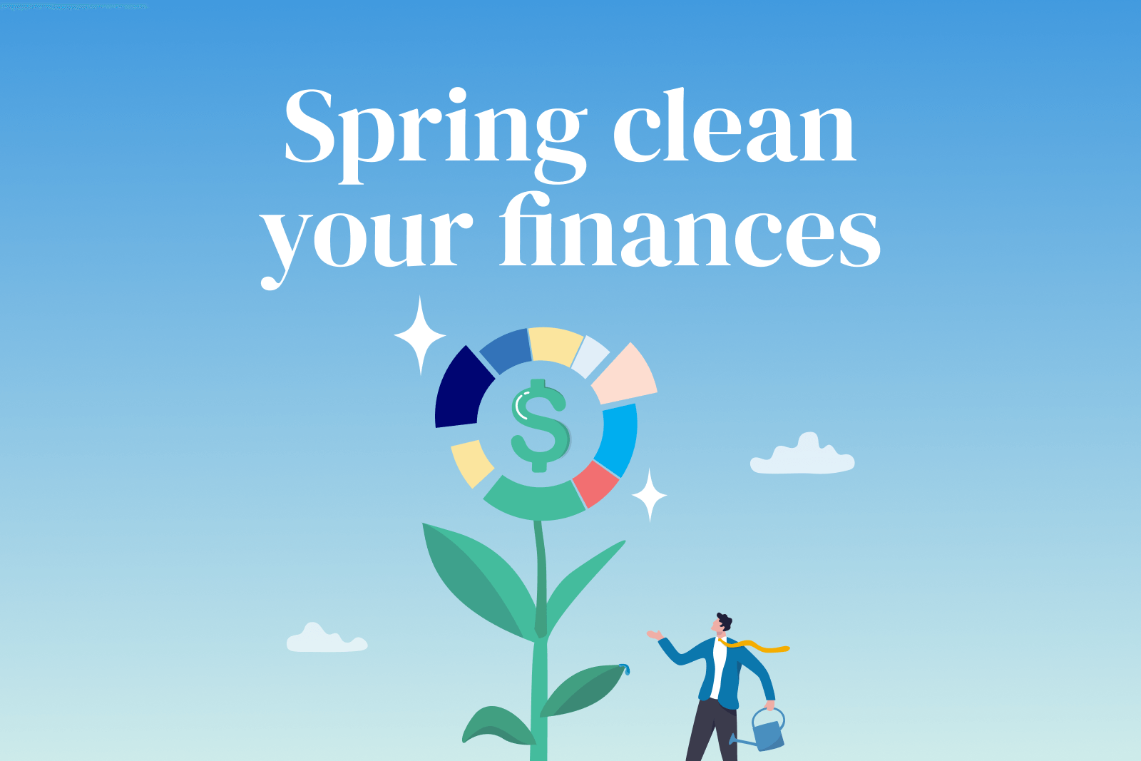 MyBudget's spring clean your finances illustration with money goals flower symbolising saving, budgeting and debt help in Australia.